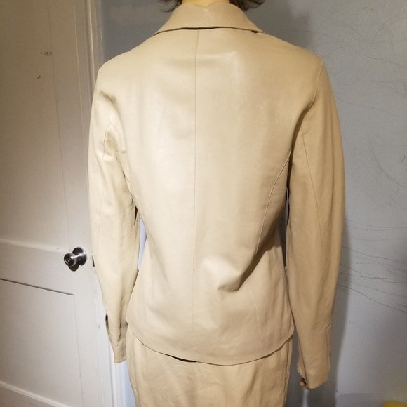 SOLD suit soft leather &silk light coffee JACKET /SKIRT - Picture 5 of 16